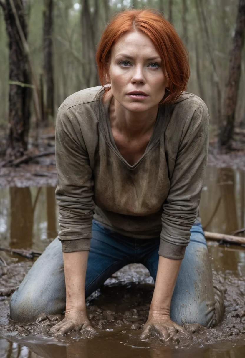 Hyper-realistic, ultradetailed, Raw, masterpiece. dark forest. 40-years-old woman is caught drowning in a quicksand sticky cement bog. The swamp sexually devours her body. ((on face: fright, depraved)). ((soaked muddy jeans)), (sweatshirt), shortness of breath, shameful, loses control of himself, ((Trapped in lust, defenseless)), Copper-red hair, sweat, hard breath