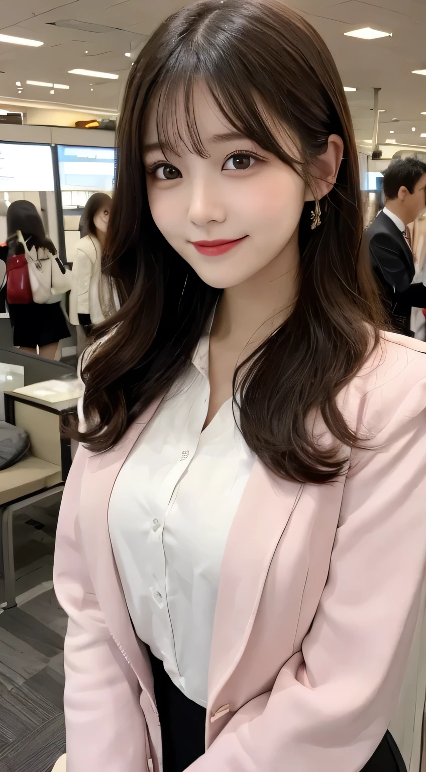 Big breasts,Tabletop, highest quality, figure, Very detailed, In detail, High resolution, 8k wallpaper, Perfect dynamic composition, Beautiful fine details, Office casual suit(White jacket、Pale pink frill shirt),Medium Wavy Hair,、Natural color lip, Bold sexy pose,smile,Narita Airport Terminal、20-year-old girl、cute、sexy shot looking at camera、Slim figure