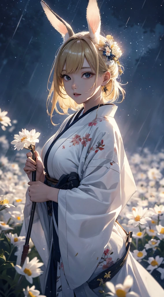 masterpiece, high quality, 4K, Beautiful design, silhouette，blonde， 非常に詳細な夜のStarry Sky,Flower Field， wonderful, Finer details,  Very knowledgeable woman, Highly detailed solo, 1 female,Bunny ears，Big Breasts，White kimono，Japanese Umbrella，rain，Night view，Starry Sky，full moon，