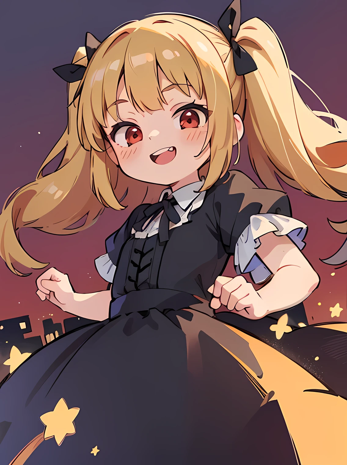 (best quality,4k,8k,highres,masterpiece:1.2), ultra-detailed, (deformed, photorealistic, photo-realistic:1.3), One girl, 14 years old, kawaii, cute, childrens, smiling, giggling, cheeky, happy, long fluffy blonde hair, glowing red eyes, squinting, two side up hairstyle, black ribbon, black gothic lolita outfit, posed to attack, night town, burgundy sky.