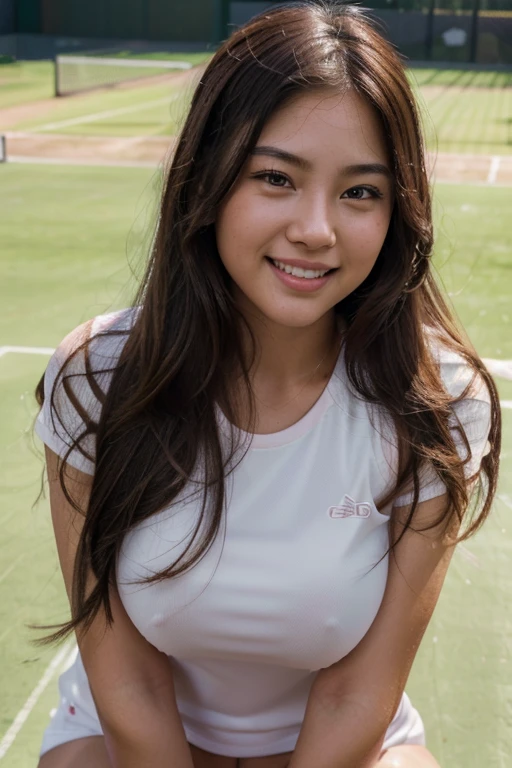 (best quality,highres:1.2),ultra-detailed,realistic,illustration,beautiful detailed eyes and face,long hair style,perfect face,smiling, Asian girl,soft pink lips,sweat,blush, medium breasts, tennis courts, tennis outfits