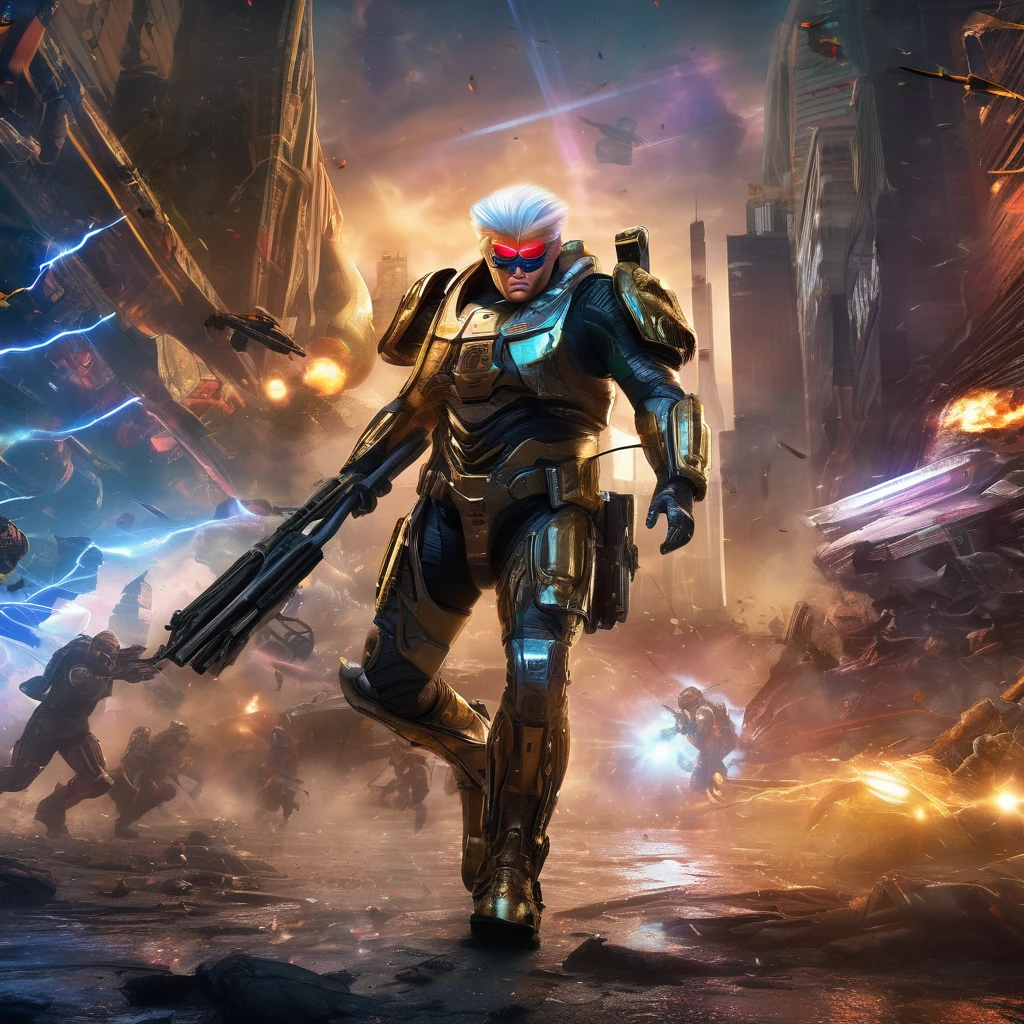 (Extreme complexity, multiple subjects)(best quality,4k,8k,highres,masterpiece:1.2),ultra-detailed,(realistic,photorealistic,photo-realistic:1.37),(subject 1: Donald Trump in sci-fi armor,US flag motif,power sword,laser pistol,)saving a (Subject 3: damsel in distress),(Subject 2: spiky tentacle alien),heroic pose,astonishing battle scene,explosive background,lightning effects,strong and confident expression,vivid colors,high-tech armor design,shiny metallic texture,glowing insignias,sci-fi environment,intergalactic cityscape,advanced technology,extraterrestrial creatures,highly detailed facial features,distressed damsel with flowing hair,thankful expression,energetic action,ominous atmosphere, cinematic lighting, dynamic composition, epic storytelling