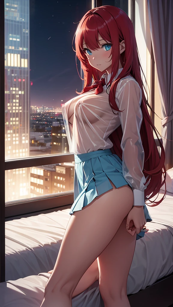 ((best quality)), ((masterpiece)), (detailed), perfect face, perfect body, 1girl, red long hair, cyan eyes, naked, ((school girl uniform)), ((see-through)), show up her boobies and Nipples, she open legs and show up her pussy, Seeing the girl front body, the girl lying on the bed of bedroom hotel, windows from hotel bedroom showing the city night in background
