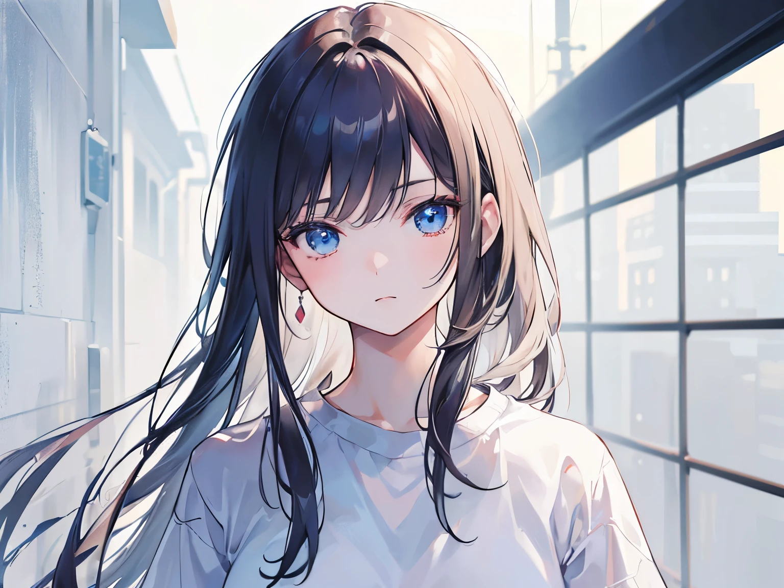 (Masterpiece, best quality,:1.2), 1 girl, (alone:1.3), upper body, white shirt, short sleeve, , (dead, realistic, real life, special, The best aesthetics, new, newest, best quality, Masterpiece:1.2), soft_light, soft_skin_tone, female_hair, (different world background, simple background,:1.2),