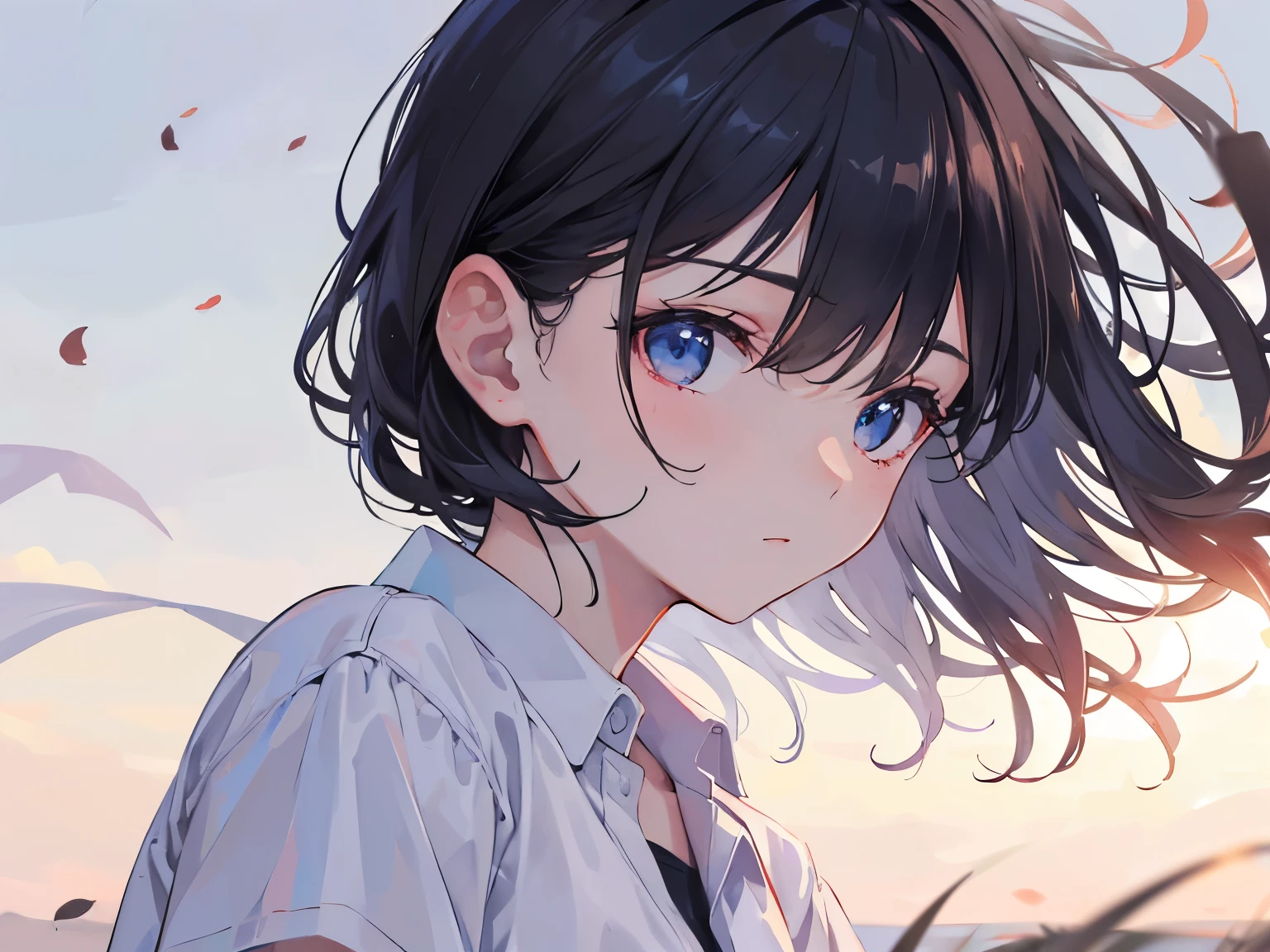 (Masterpiece, best quality,:1.2), 1 girl, (alone:1.3), upper body, white shirt, short sleeve, , (dead, realistic, real life, special, The best aesthetics, new, newest, best quality, Masterpiece:1.2), soft_light, soft_skin_tone, female_hair, (different world background, simple background,:1.2),