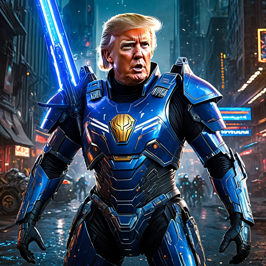 (Extreme complexity, multiple subjects)(best quality,4k,8k,highres,masterpiece:1.2),ultra-detailed,(realistic,photorealistic,photo-realistic:1.37),(subject 1: Donald Trump in sci-fi armor,US flag motif,power sword,laser pistol,)saving a (Subject 3: damsel in distress),(Subject 2: spiky tentacle alien),heroic pose,astonishing battle scene,explosive background,lightning effects,strong and confident expression,vivid colors,high-tech armor design,shiny metallic texture,glowing insignias,sci-fi environment,intergalactic cityscape,advanced technology,extraterrestrial creatures,highly detailed facial features,distressed damsel with flowing hair,thankful expression,energetic action,ominous atmosphere, cinematic lighting, dynamic composition, epic storytelling