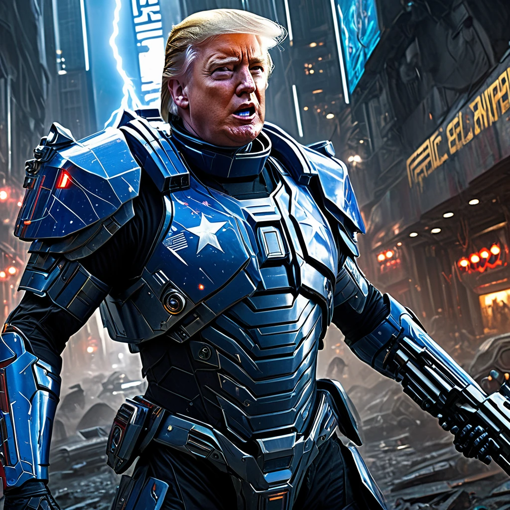 (Extreme complexity, multiple subjects)(best quality,4k,8k,highres,masterpiece:1.2),ultra-detailed,(realistic,photorealistic,photo-realistic:1.37),(subject 1: Donald Trump in sci-fi armor,US flag motif,power sword,laser pistol,)saving a (Subject 3: damsel in distress),(Subject 2: spiky tentacle alien),heroic pose,astonishing battle scene,explosive background,lightning effects,strong and confident expression,vivid colors,high-tech armor design,shiny metallic texture,glowing insignias,sci-fi environment,intergalactic cityscape,advanced technology,extraterrestrial creatures,highly detailed facial features,distressed damsel with flowing hair,thankful expression,energetic action,ominous atmosphere, cinematic lighting, dynamic composition, epic storytelling
