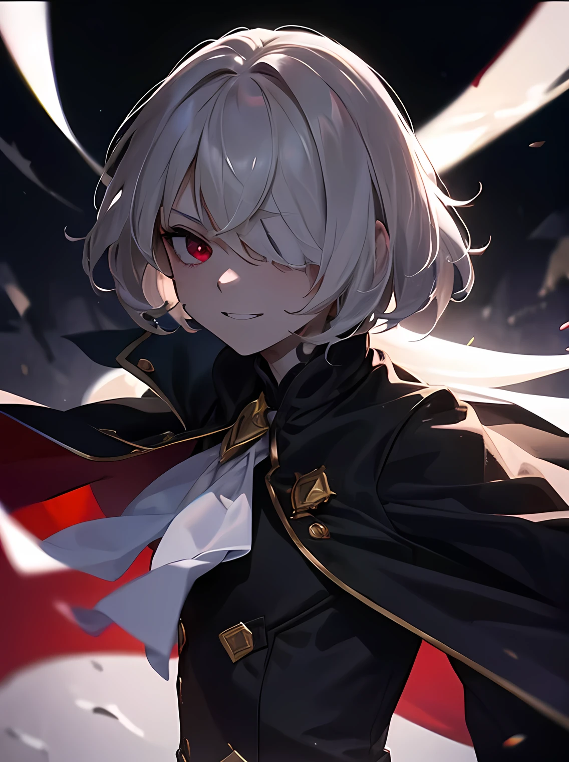 (best quality,4k,8k,highres,masterpiece:1.2), ultra-detailed, (deformed, photorealistic, photo-realistic:1.3), One boy, , vampire, grinning, cheeky, pure white skin, shaggy white hair, tied at the nape of the neck, hair hiding one eye, red eyes, very long black cape, black tails, ostentatious posture, dark night city, thin red sky.