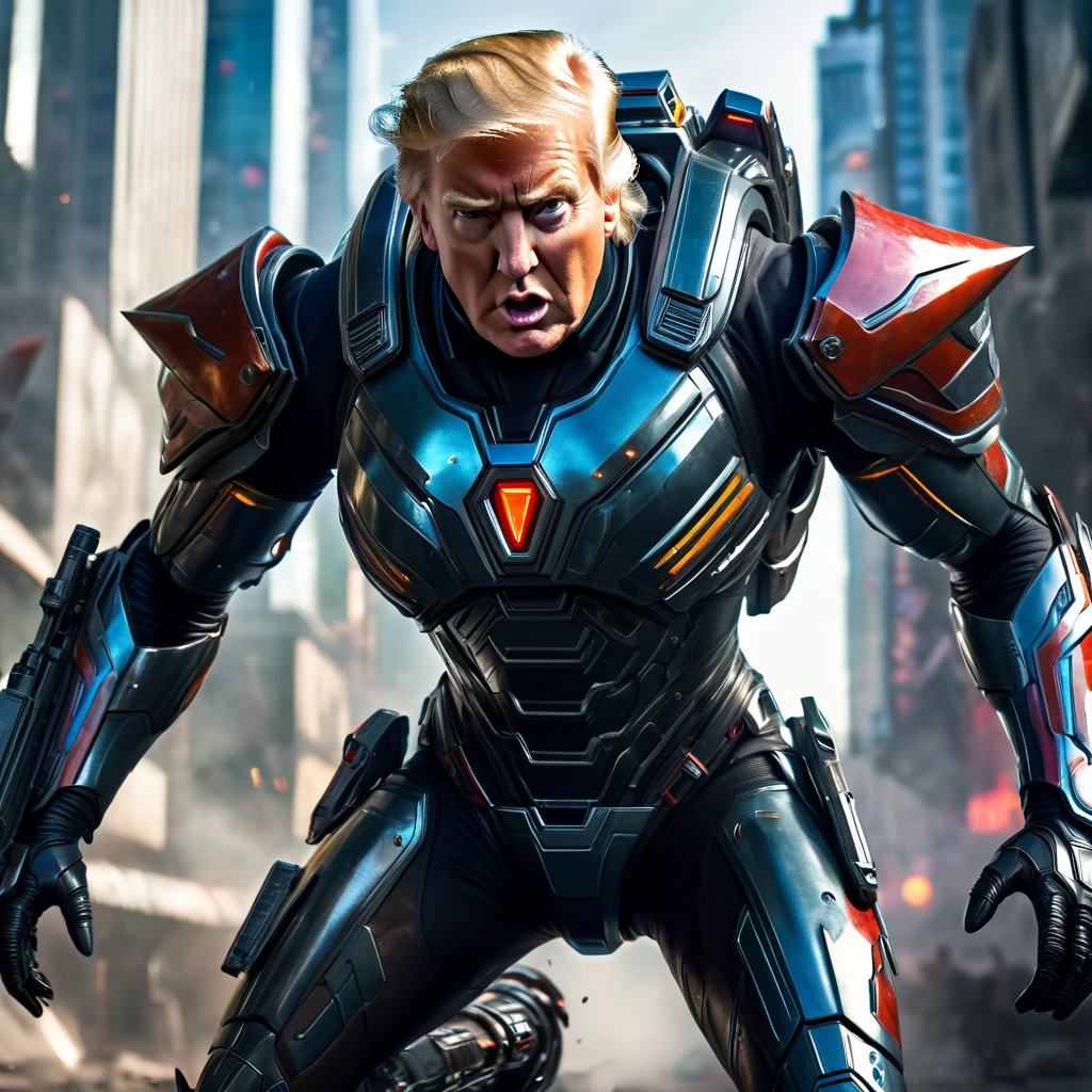 (Extreme complexity, multiple subjects)(best quality,4k,8k,highres,masterpiece:1.2),ultra-detailed,(realistic,photorealistic,photo-realistic:1.37),(subject 1: Donald Trump in sci-fi armor,US flag motif,power sword,laser pistol,)saving a (Subject 3: damsel in distress),(Subject 2: spiky tentacle alien),heroic pose,astonishing battle scene,explosive background,lightning effects,strong and confident expression,vivid colors,high-tech armor design,shiny metallic texture,glowing insignias,sci-fi environment,intergalactic cityscape,advanced technology,extraterrestrial creatures,highly detailed facial features,distressed damsel with flowing hair,thankful expression,energetic action,ominous atmosphere, cinematic lighting, dynamic composition, epic storytelling
