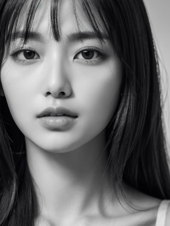 Masterpiece, Best Quality, Photorealsitic, Ultra-detailed, finely detail, high resolution, 8k wallpaper, Professional, high level of detail, ((monochrome photo)), 1girl in, ((Facing the front)), ((Only lips are in Red)), Detailed clavicle, face perfect, five moles in face, straight hair, (look straight at a camera)