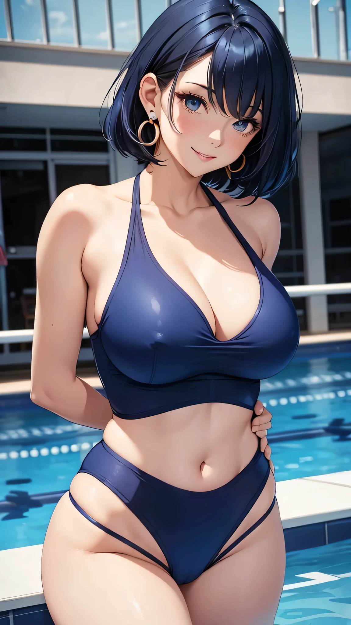 Beauty, Navy Blue Hair,short hair(Inward Curling Bob) ,blue eyes,Costume(Lifeguard in underwear), Large Breasts、Blue Earrings、background(Boolean) 、Sexy pose、smile、Open your mouth wide