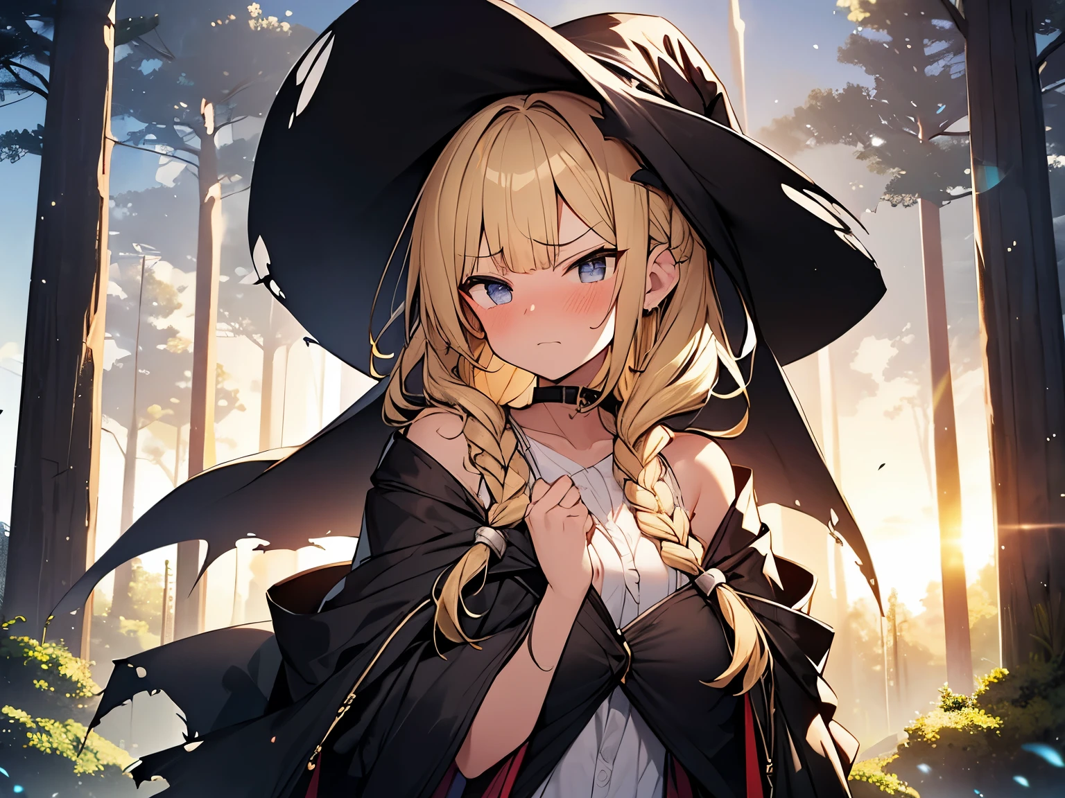 Masterpiece, Top quality, 1 beautiful girl, Blonde, medium Hair, Braided hair, wavy Hair, blunt bangs, 15 year old, standard weight, (small breasts), topless, show off nipple, (very large dark sorceress long robe with hood), pleated skirt, witch hat, (angry:1.3), nose blush, tear up, closed mouth, (covering chest by hand :1.2), beautiful scene of Enchanted Forest, backlighting, from above ,sunset, (torn clothes:1.3)