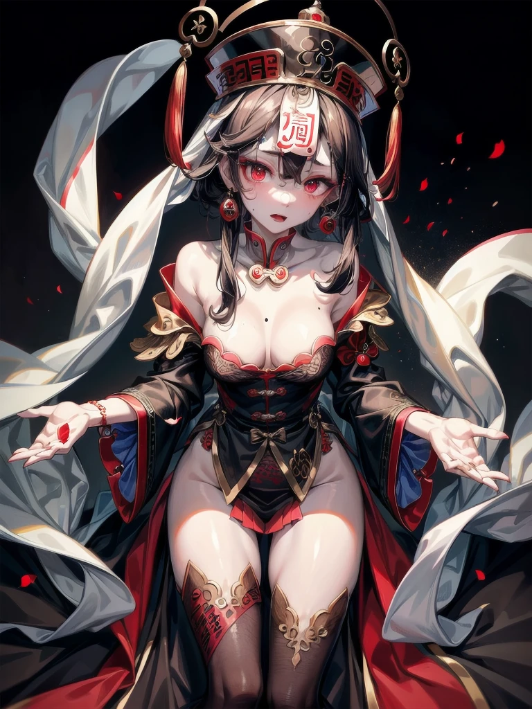 ((jiangshi)), absurdres, RAW photo, extremely delicate and beautiful, masterpiece, Best Quality, ultra high resolution, 32k, hyperrealistic, ultra-detailed, detailed description, pale skin, 20 years old, tearful mole, earring, Colossal tits, short medium hair, wavy hair, whole body shot,