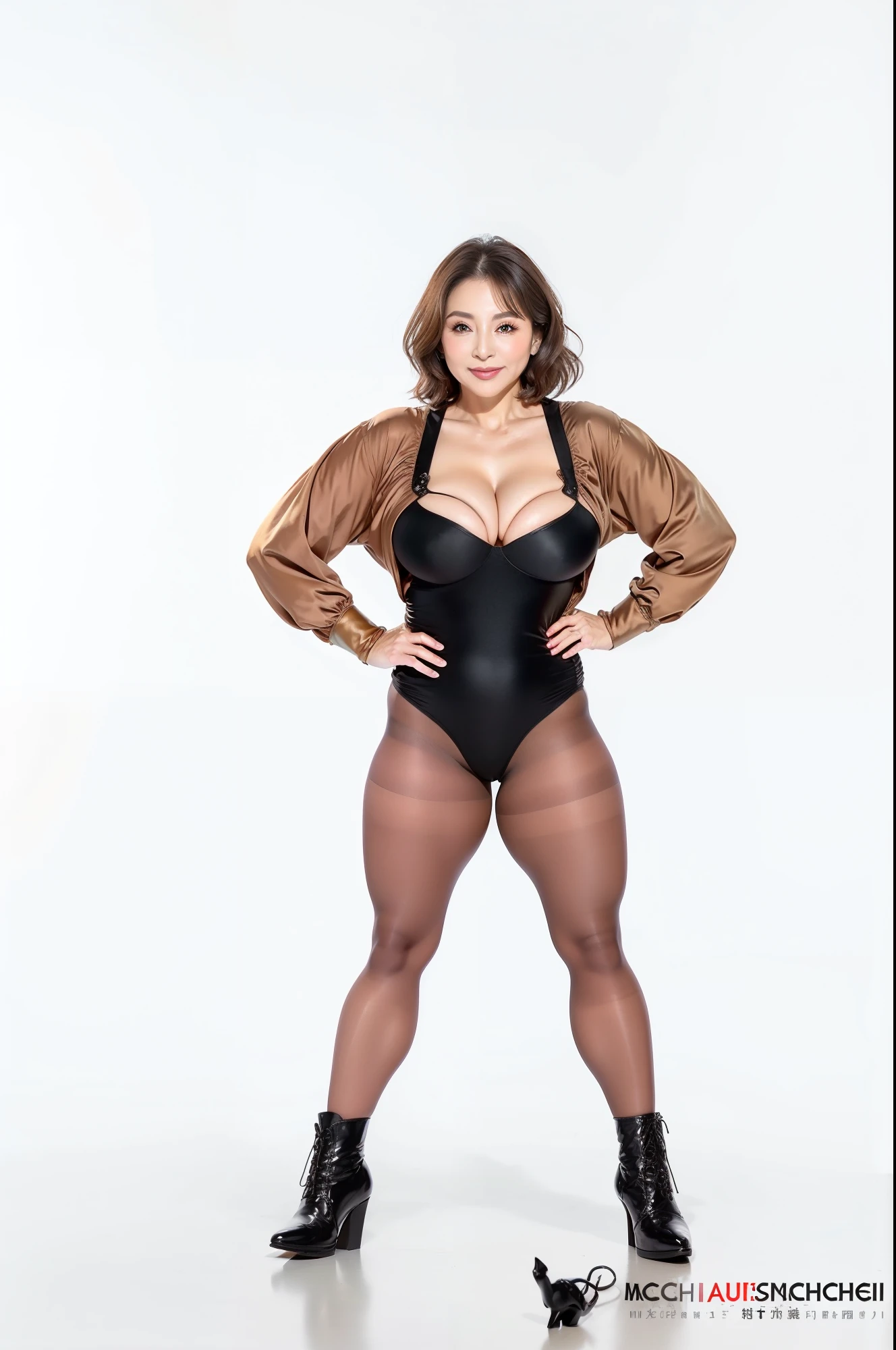 (highest quality,8k,masterpiece),Japanese Mature,50 years old,Huge ,Accentuate your cleavage,Glamour,Muchimuchi,Black Pantyhose,