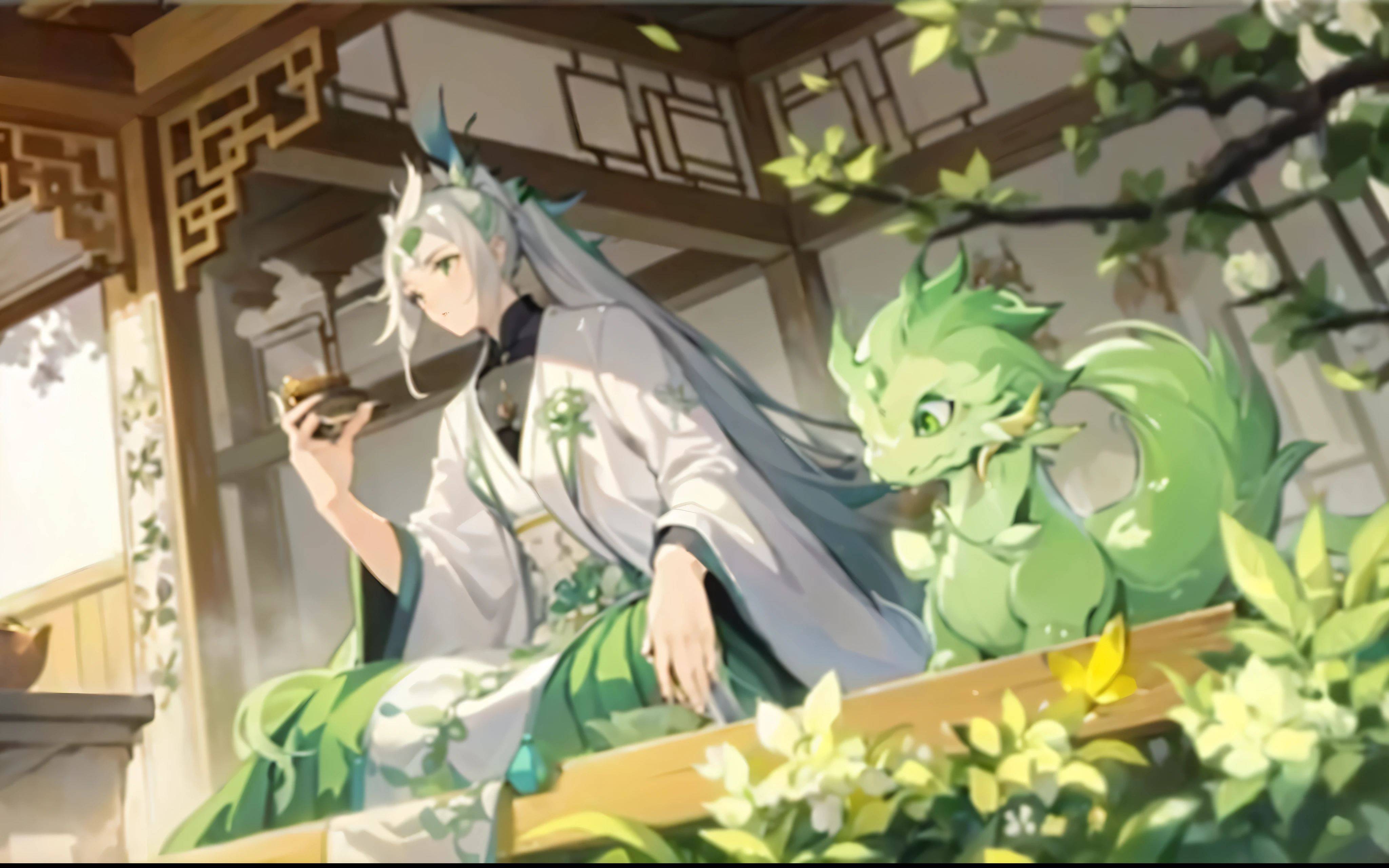 (best quality:1.2),anime style,a girl with long white hair in a white ponytail holding a teacup,a woman in a white and green robe,accompanied by a green dragon.