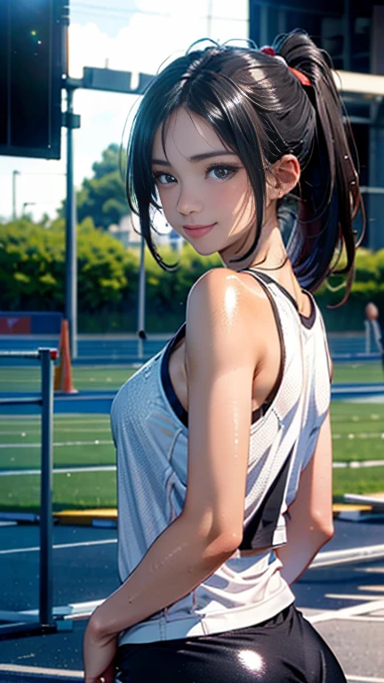 (((UHD)), ((highest quality)), ((masterpiece)), (Very detailed), (High resolution), (Beautiful detailed sparkle), (High detail), (Anatomically correct)), ((Realistic)), 8k, 1080P,
(((One Woman))),
(Symmetrical facial features:1.4, Perfect Face), Beautiful clavicle, (Beautiful fingers), (((Beautiful breasts, Slightly smaller chest))),
Beautiful body, Beautiful thighs, Beautiful feet, Perfect round butt, (((Detailed skin, Textured skin, shiny tanned black skin:1.4))),
(Baby Face, cute, 18-year-old),
(Expression of fine eyes, Beautiful and delicate eyes, Sparkling eyes, twinkle in the eyes, blue eyes),
(Beautiful Nose,Thin Nose),
(Glossy Lips, Beautiful Lips, thick lips),
(Beautiful Hair, Shiny Hair, Shiny Hair), Hair fluttering, (((Black Hair, Ponytail Hair))),
(赤のtrack and field uniform:1.4)、
BREAK
(Enchanting、smile、Embarrassed expression、Blushing),
(Character Focus, Cowboy Shot, (turn around:1.2)),
BREAK
((noon、Grounds bathed in sunlight)),