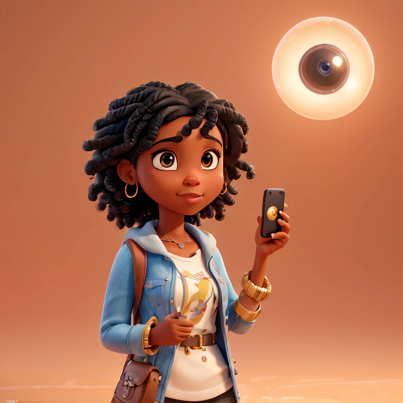 (best quality,4k,8k,highres,masterpiece:1.2),ultra-detailed,(realistic,photorealistic,photo-realistic:1.37),playtoon style,empowered black woman holding smartphone,message bubble,big circular reflective eyes,Pixar render,unreal engine cinematic smooth,intricate detail,portrait, vibrant colors,soft lighting,energetic pose,urban background,beautifully textured hair,stylish outfit
