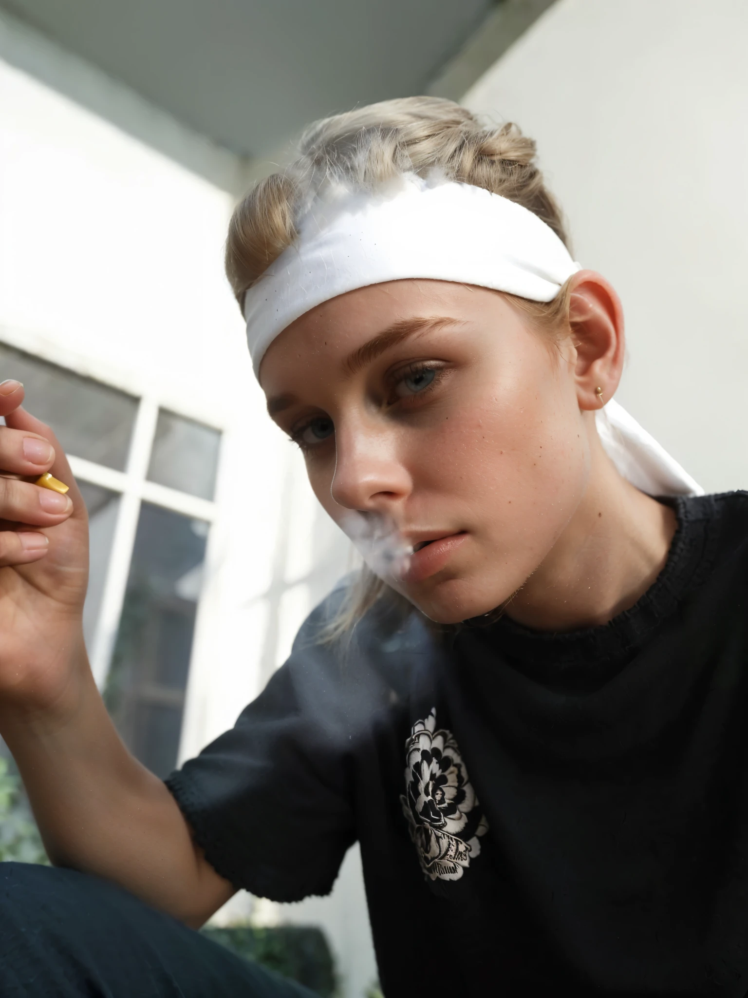 masterpiece, best quality, AngourieRice, solo, with straight blond hair with bangs, wearing a crochet crop top, full closed suit, posing with one hand behind her head, in front of a garden,