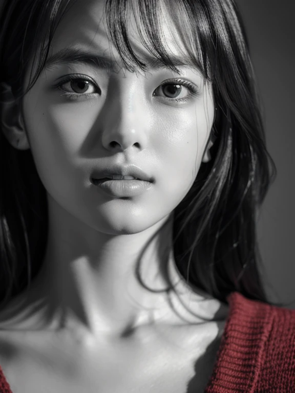 Masterpiece, Best Quality, Photorealsitic, Ultra-detailed, finely detail, high resolution, 8k wallpaper, Professional, high level of detail, ((monochrome photo)), 1girl in, ((Facing the front)), ((Only lips are in Red)), Detailed clavicle, face perfect, five moles in face, straight hair, (look straight at a camera)