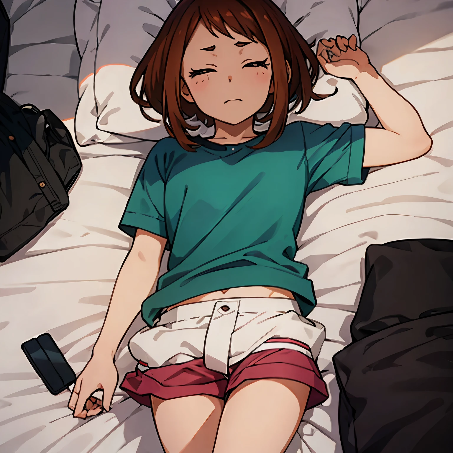 Ochaco uraraka, laying on bed, eyes closed, left hand down front of shorts, right hand gripping bed sheets