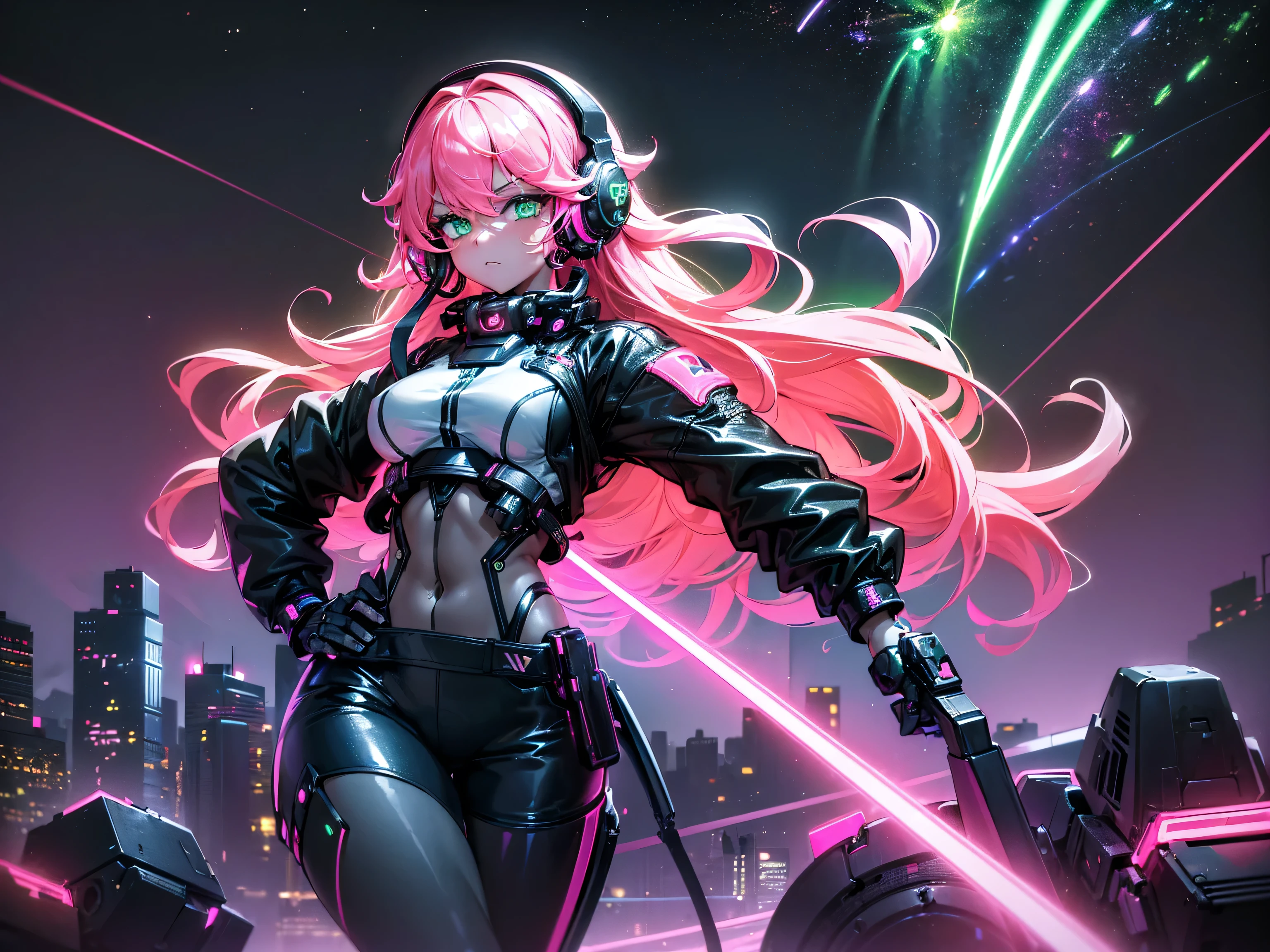masterpiece:1.4, 1girl ((20year old, dressed in long sleeve shirt, tight black shorts, sneakers, medium breasts, multicolor pink hair, curly long hair, green eyes:1.4, Wearing headphones, badass, close up, futuristic city in background, floating in outer space:1.1 galaxy and earth in background:1.1, neon and energetic atmosphere:1.2)) ((nighttime)) ((solo:1.6))