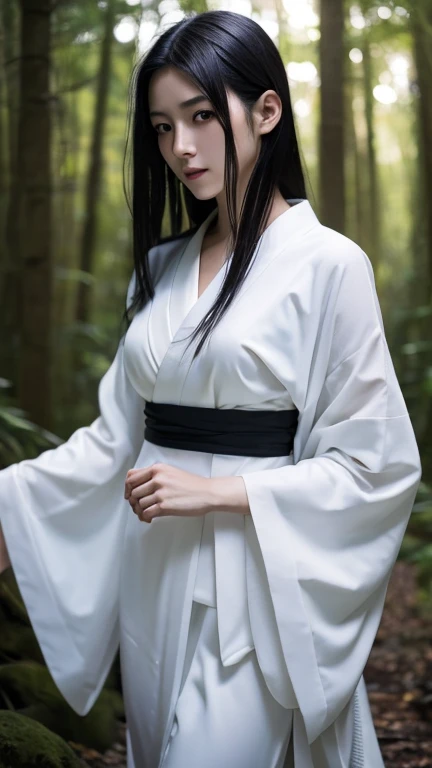 Beautiful Japanese woman in a white kimono,White skin, Beautiful Face,Skinny body, nightの青木ヶ原樹海を歩く, long, flowing black hair, Beautiful Eyes, Mysterious Forest, Horror photorealism style, night, There is no way, There'The earth beneath my feet, Horror movie atmosphere, A fragile ghostly woman