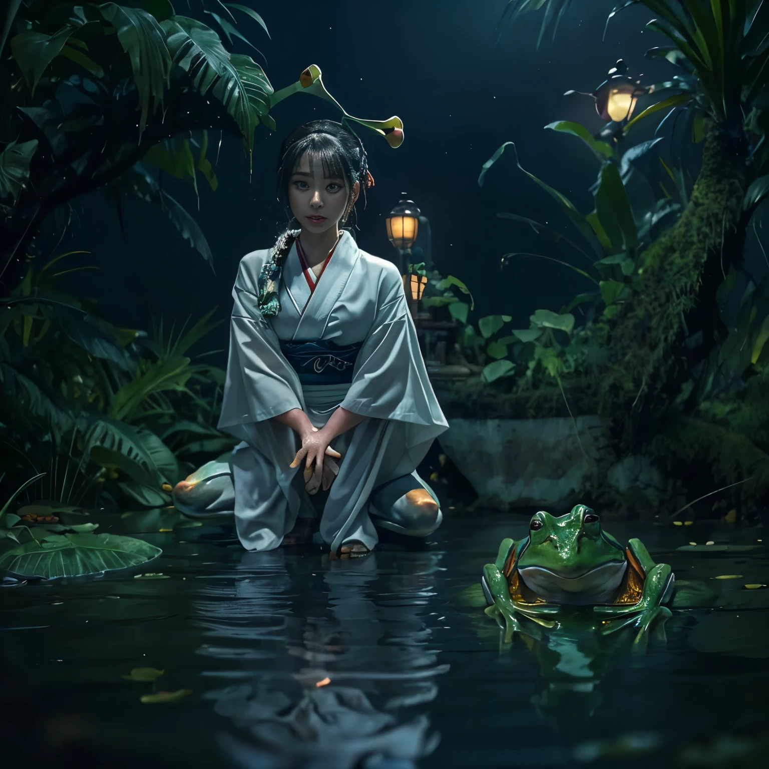 (highest quality、4k、8k、High resolution、masterpiece: 1.2)、Super detailed、(Real、Photorealistic、Photorealistic: 1.37)、Full Body Portrait、media: Fantasy、Horror、ダーク Fantasy、Creatures、ハイブリッド Creatures、(Anatomically correct fingers: 1.4 )、(The upper body of a beautiful young woman)and((A hybrid creature with the lower body of a frog: 1.5))、(Squats with legs open:1.5)、Visualization of mythical creatures、yukata、At night in the swamp、Dark atmosphere、Dim color、Spooky lighting、looking at the camera