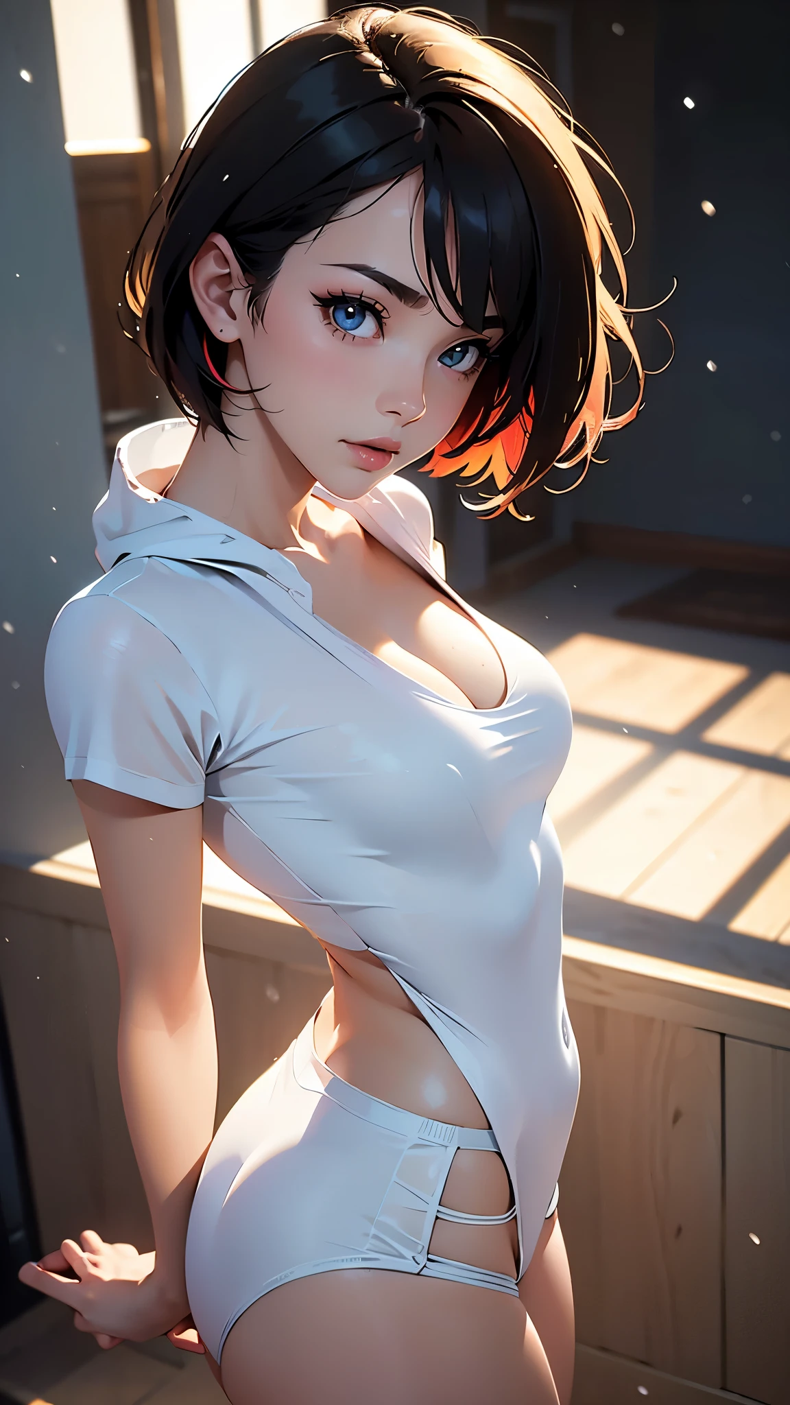 one sexy girl, supermodel, pale skin, short hair, bangs, prefect face, makeup, white panties, small breasts,perfect face, long and slender body, long legs, cleavage, open coat, T-shirt, looking at viewer, winter day, snow, soft lighting, film grain, from above, upper body, (colorful), (detailed) dramatic angle, unique perspective, unique angle, wide angle, cinematic lighting, volumetric lighting, chest out, shoulders back, butt lifted, sun rays, morning light, shadow, rim light