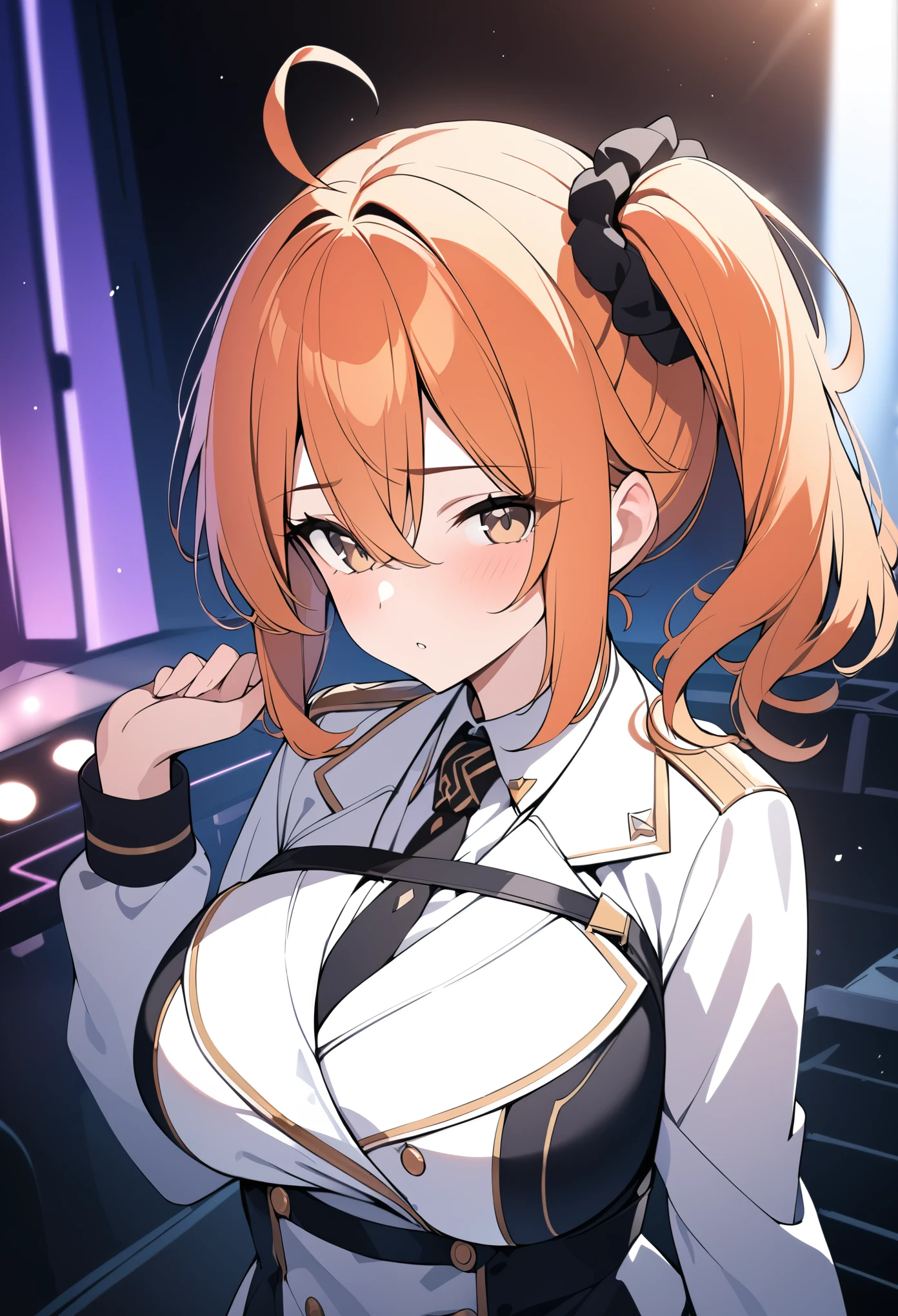 (masterpiece, best quality:1.2),illustration,8k,hd,1girl,solo,upper body,(portrait:1.2), hair ornament, hair between eyes, brown eyes,  ahoge, orange hair, side ponytail, one side up, hair scrunchie, Live Stage, Big Breasts, uniform　alone 