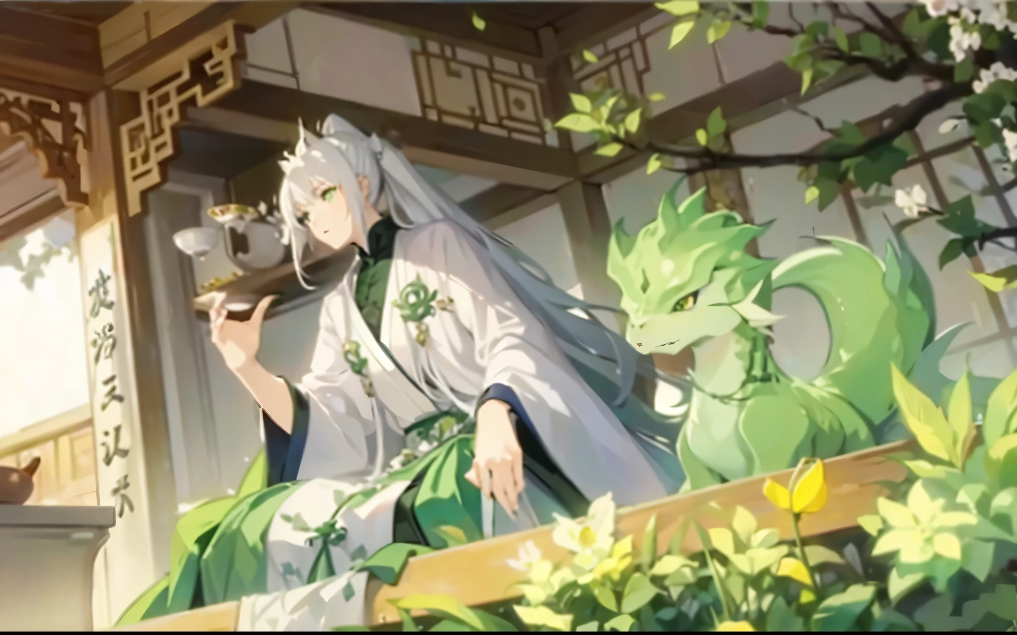 (best quality:1.2),anime style,a girl with long white hair in a white ponytail holding a teacup,a woman in a white and green robe,accompanied by a green dragon.