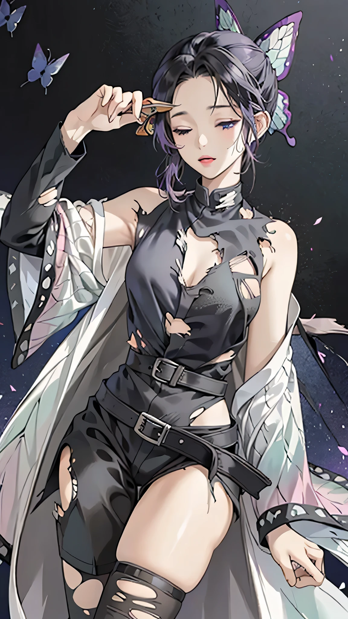 Realistic, High resolution, Soft Light,1 Female, alone, Hip Up, (Detailed face), we \(one piece\), tattoo, jewelry,kochou shinobu,Multicolored Hair,No bangs,Hair Intake,Purple eyes,amount,Black Shirt,Black trousers,Haori,butterfly,button,belt, knife, ((torn clothing:1.5)), ((Close your eyes and yawn loudly)), ((Voluptuous body)), 
