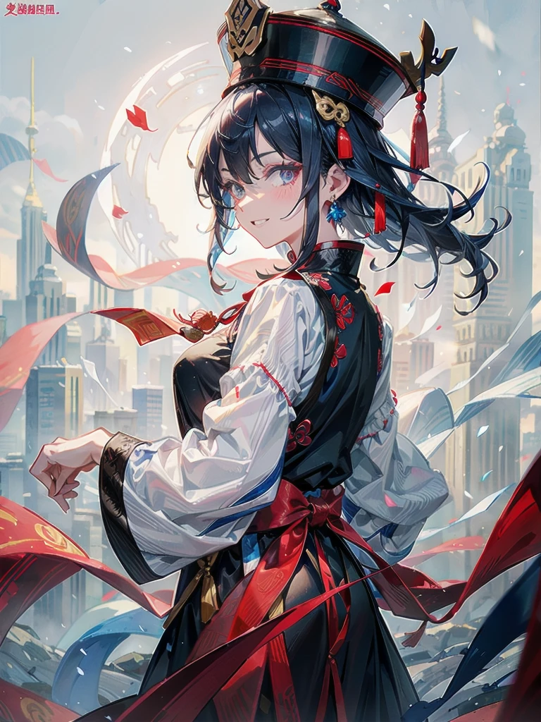 dress, braid, chinese clothes, blue headwear, ofuda, blue skin, jiangshi, qing guanmao, absurdres, RAW photo, extremely delicate and beautiful, masterpiece, Best Quality, ultra high resolution, 32k, hyperrealistic, ultra-detailed, detailed description, pale skin, 20 years old, tearful mole, earring, Colossal tits, short medium hair, wavy hair, evil grin, whole body shot,