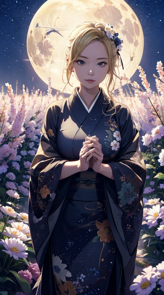 masterpiece, high quality, 4K, Beautiful design, silhouette，blonde， 非常に詳細な夜のStarry Sky,Flower Field， wonderful, Finer details,  Very knowledgeable woman, Highly detailed solo, 1 female,I like rumors，Big Breasts，kimono，Night view，Starry Sky，full moon，