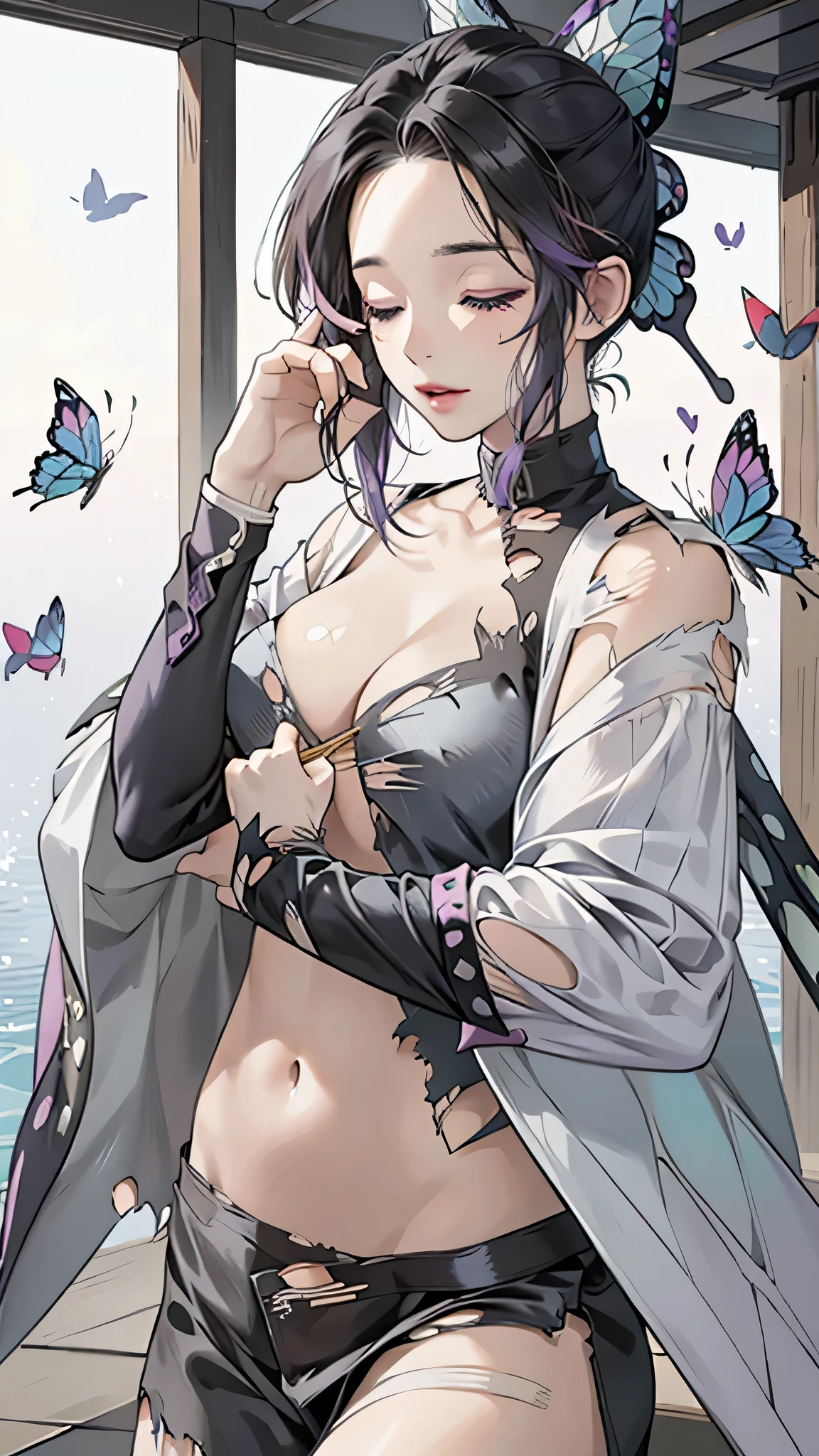 Realistic, High resolution, Soft Light,1 Female, alone, Hip Up, (Detailed face), we \(one piece\), tattoo, jewelry,kochou shinobu,Multicolored Hair,No bangs,Hair Intake,Purple eyes,amount,Black Shirt,Black trousers,Haori,butterfly,button,belt, knife, ((torn clothing:1.5)), ((Close your eyes and yawn loudly)), ((Voluptuous body)),