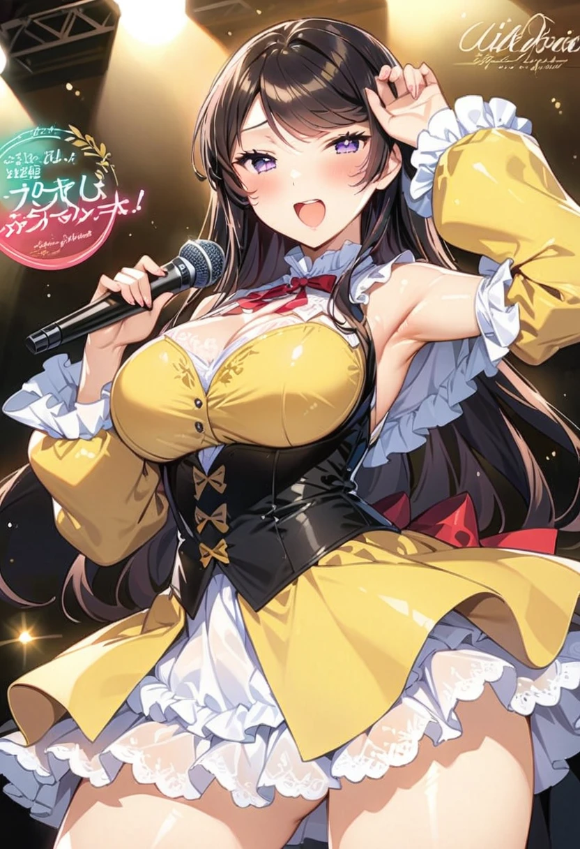 Magazine cover，masterpiece), (Glittering，Ultra-high sharpness，1 girl , Hoshino Ai, (Exquisite and detailed facial features:1), HD picture quality, Ultra-clear resolution, movie quality,A cute girl，Wear stage costumes，On stage，Sing and dance with a microphone，The spotlight shines on the body（8k）