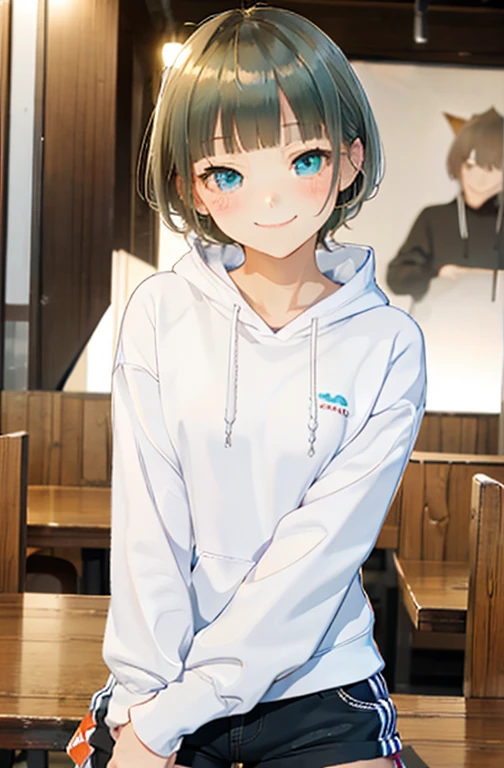 8k, highres, ultra detailed、best quality,、high quality,masterpiece,detailed, high resolution,、、nsfw,1girl、woman、beautiful face、eyelashes、blunt bangs、sideways glance、(embarrassed smile:1.4),half-closed eye,large breasts,collarbone,abs,detailed skin,tanlines,kneehighs ,transparent,scrunchie, cafe ,dynamic angle、,((1man and 1woman,having sex)),((cowgirl position:1.5))、dramatic , 3d, blush,Blonde, turquoise eyes, short mash hair,Plain white hoodie, black shorts, black sneakers