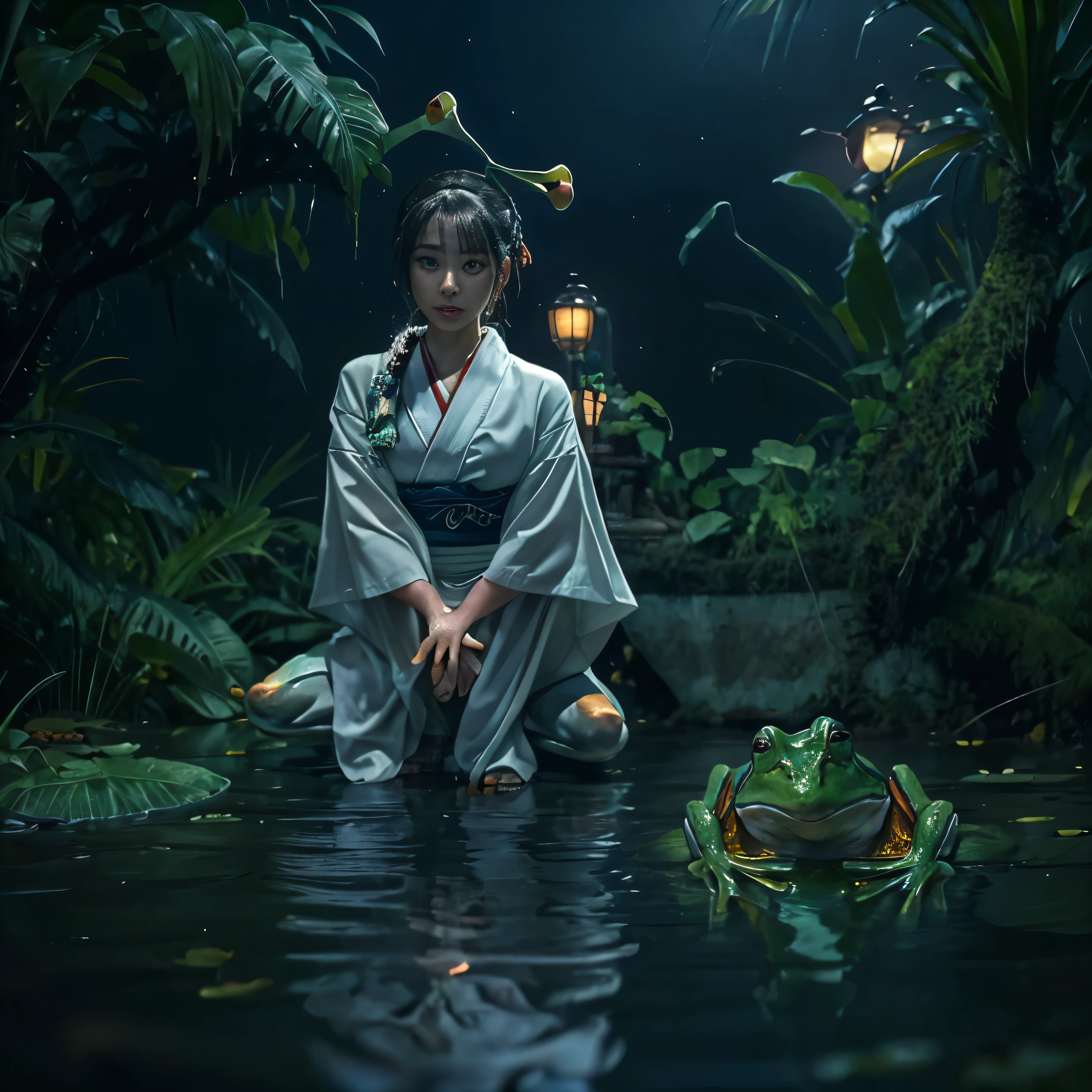 (highest quality、4k、8k、High resolution、masterpiece: 1.2)、Super detailed、(Real、Photorealistic、Photorealistic: 1.37)、Full Body Portrait、media: Fantasy、Horror、Dark Fantasy、Creatures、Hybrid Creatures、(Anatomically correct fingers: 1.4 )、(The upper body of a beautiful young woman)and((A hybrid creature with the lower body of a frog: 1.5))、(Squats with legs open:1.5)、Visualization of mythical creatures、yukata、At night in the swamp、Dark atmosphere、Dim color、Spooky lighting、looking at the camera