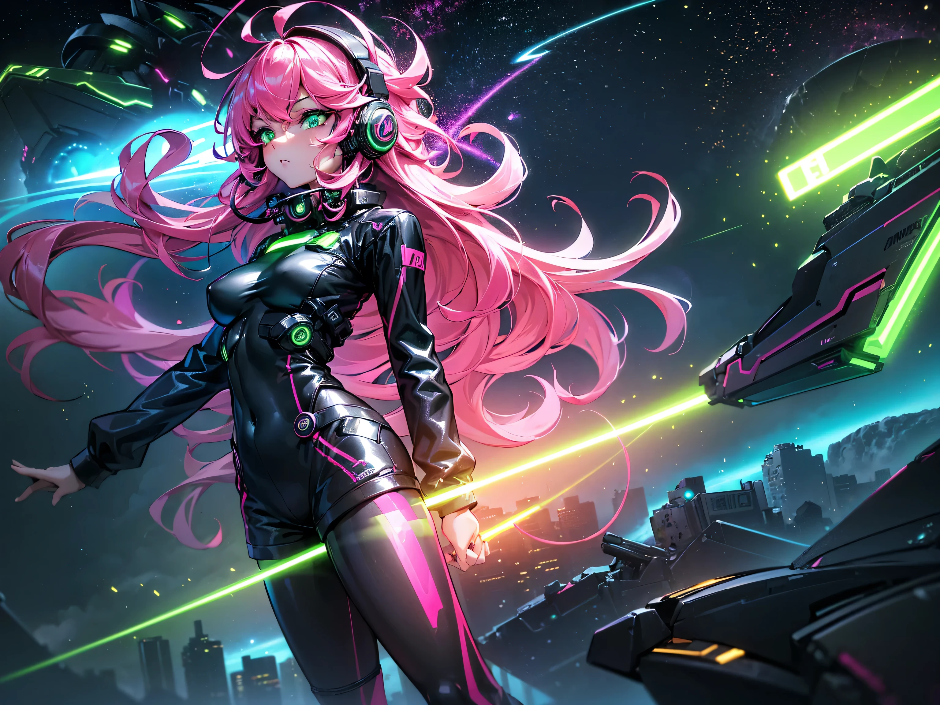 masterpiece:1.4, 1girl ((20year old, dressed in long sleeve shirt, tight black shorts, sneakers, medium breasts, multicolor pink hair, curly long hair, green eyes:1.4, Wearing headphones, badass, close up, futuristic city in background, floating in outer space:1.1 galaxy and earth in background:1.1, neon and energetic atmosphere:1.2)) ((nighttime)) ((solo:1.6))