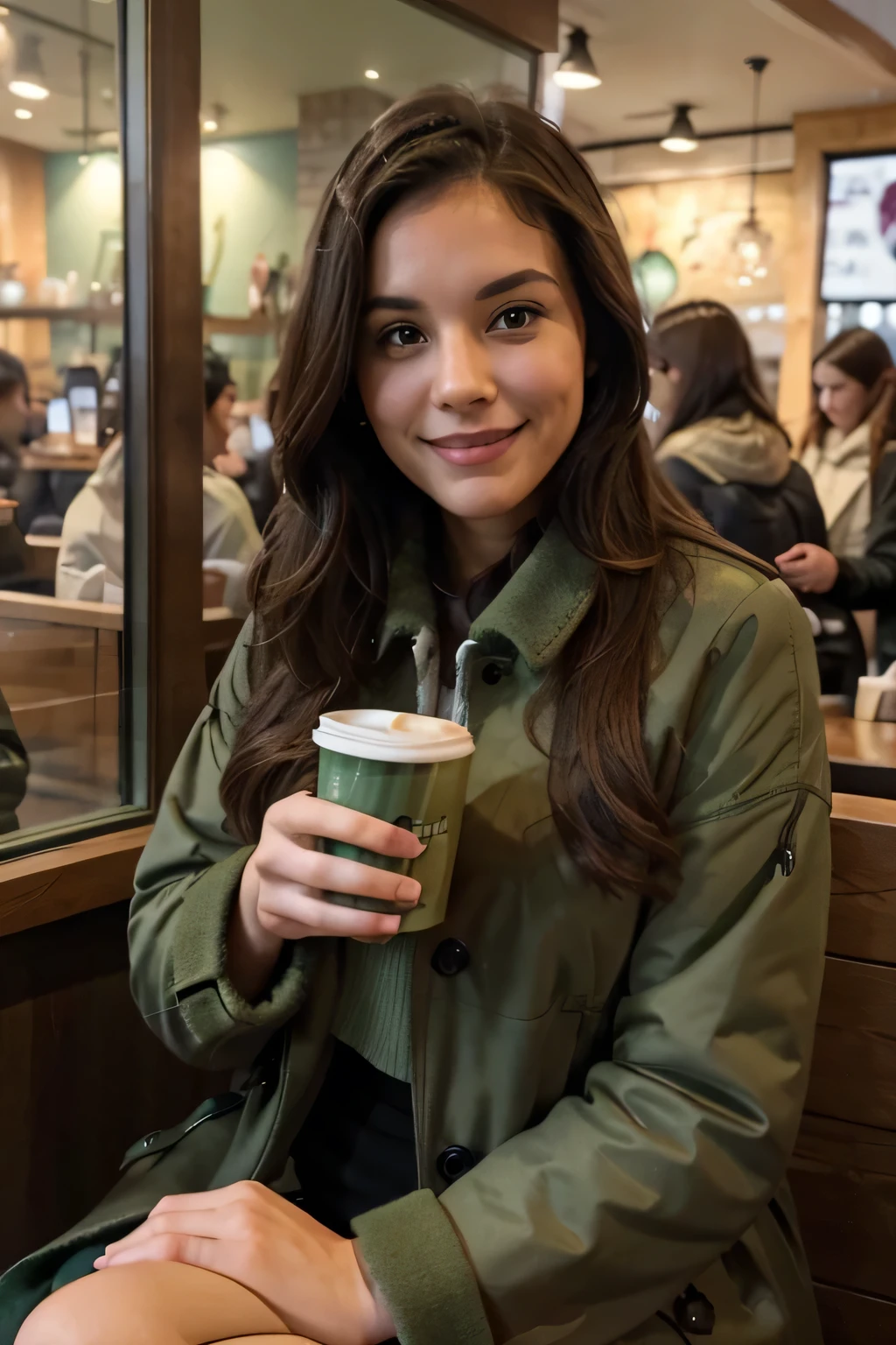 A Brunette girl wearing a sage green coat sitting at starbucks drinking one machiatto making a selfie smiling while holding the phone making the selfie