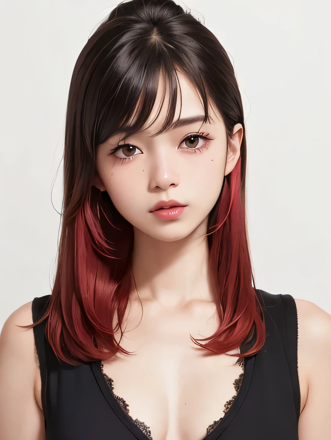 ((vivid, Realistic: 1.5), No background: 1.0, Portrait of a beautiful  Japanese girl: 1.2, Light Gray Background: 1.1, Breast augmentation: 1.2, cute: 1.0,Follow me please (Closer to me): 1.2,
Short Hair: 1.2, Black Hair: 1.2,  Small face: 1.1, Hair with red mesh: 1.1, Straight hair: 1.1, Messy Hair: 1.1,