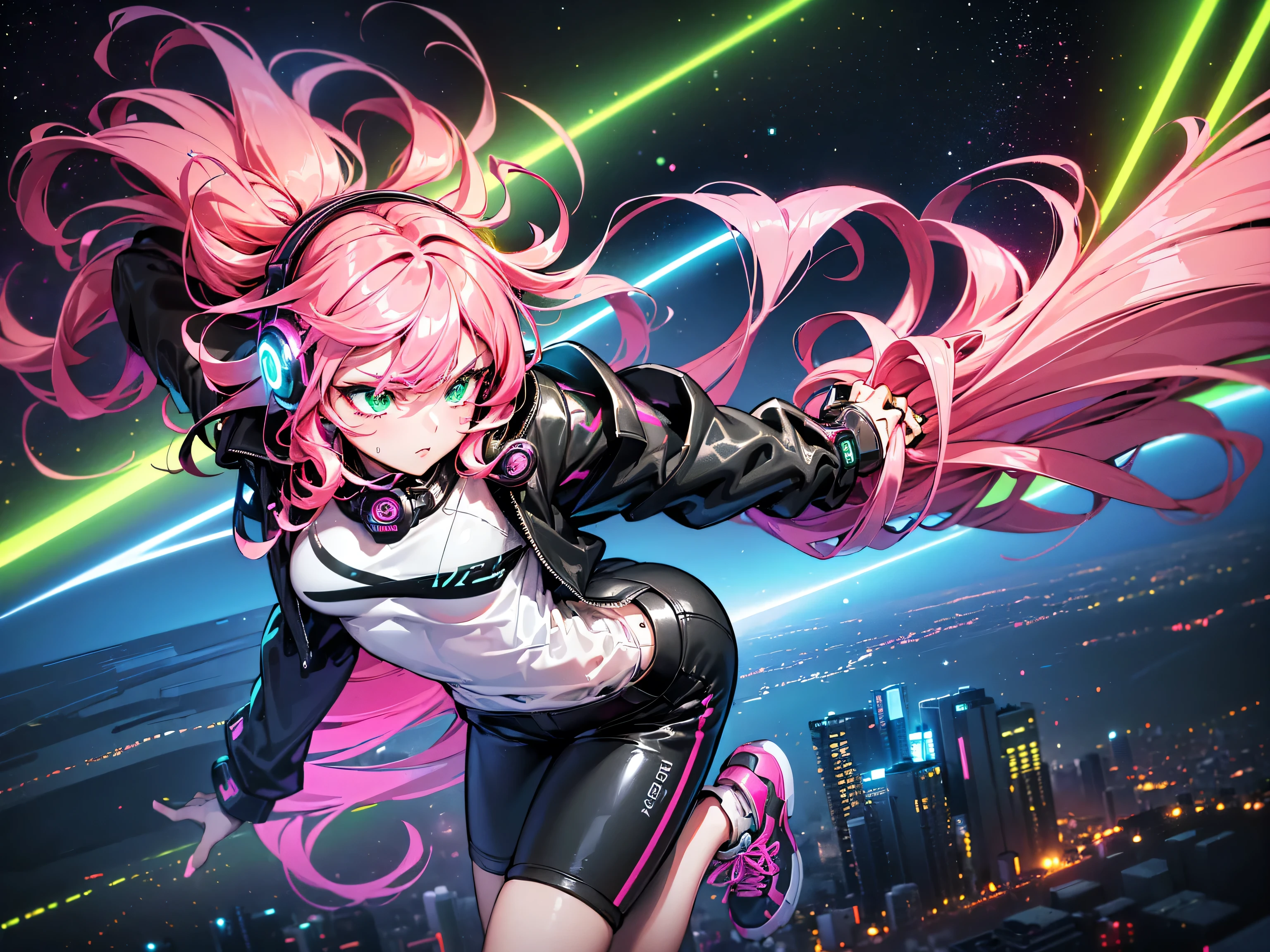 masterpiece:1.4, 1girl ((20year old, dressed in long sleeve shirt, tight black shorts, sneakers, medium breasts, multicolor pink hair, curly long hair, green eyes:1.4, Wearing headphones, badass, close up, futuristic city in background, floating in outer space:1.1 galaxy and earth in background:1.1, neon and energetic atmosphere:1.2)) ((nighttime)) ((solo:1.6))