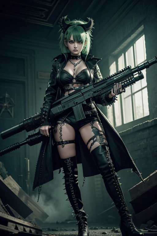 Gothic woman, soft beauty, dark makeup, piercings, full body, toxic green hair, spiked goggles on head, holding gun, messy hair, messy bangs, piercing gaze, foot on skull, large spiked boots, chains, shooting at enemy 