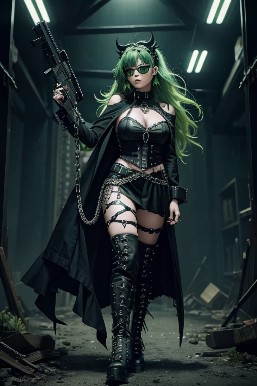 Gothic woman, soft beauty, dark makeup, piercings, full body, toxic green hair, spiked goggles on head, holding gun, messy hair, messy bangs, piercing gaze, foot on skull, large spiked boots, chains, shooting at enemy