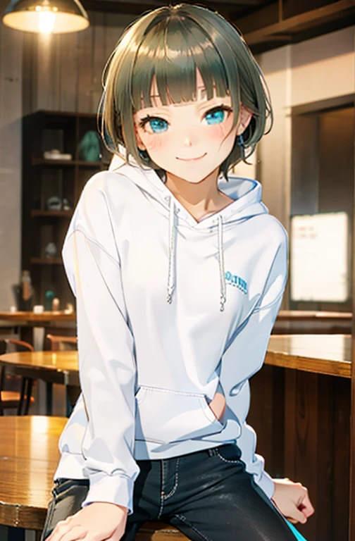 8k, highres, ultra detailed、best quality,、high quality,masterpiece,detailed, high resolution,、、nsfw,1girl、woman、beautiful face、eyelashes、blunt bangs、sideways glance、(embarrassed smile:1.4),half-closed eye,large breasts,collarbone,abs,detailed skin,tanlines,kneehighs ,transparent,scrunchie, cafe ,dynamic angle、,((1man and 1woman,having sex)),((cowgirl position:1.5))、dramatic , 3d, blush,Blonde, turquoise eyes, short mash hair,Plain white hoodie, black shorts, black sneakers
