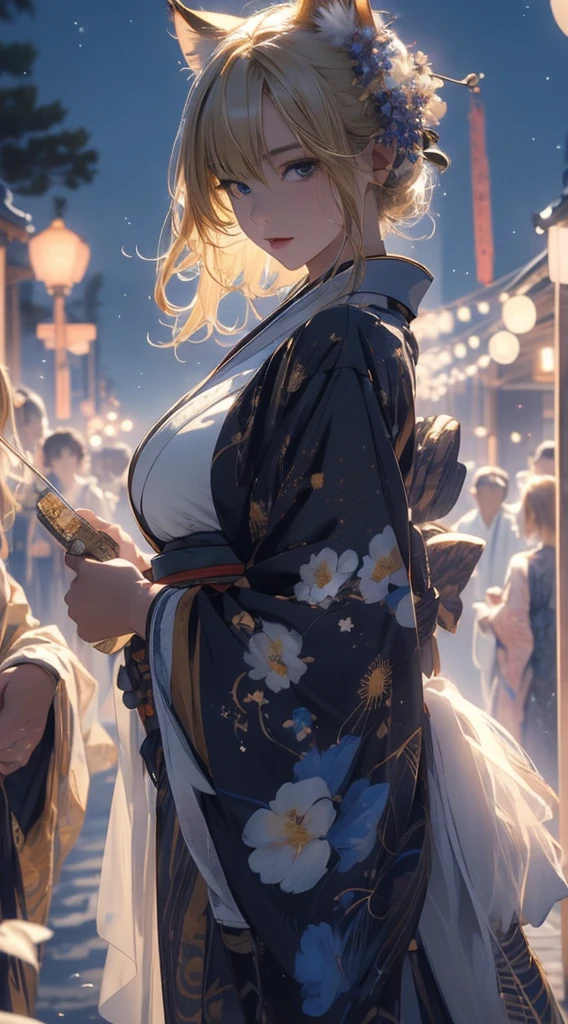 masterpiece, high quality, 4K, Beautiful design, silhouette,blonde, 非常に詳細な夜のStarry Sky,Flower Field, wonderful, Finer details, Very knowledgeable woman, Highly detailed solo, 1 female,Cat ear,Big Breasts,kimono,Night view,Starry Sky,full moon,