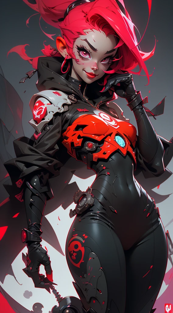 a Nijiexpressive_VI art-gem of a woman toky Ghoul, girl beautiful with red, black, mouth open, detalhes neon ,octane. trending on artstation, ui card, by james jean, merge, book cover!!!!!!!!!!!!, perfect android girl, instagram, merciless, Niji_smile:1>