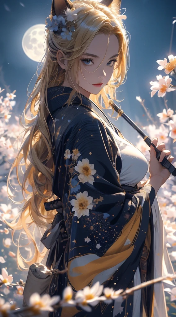 masterpiece, high quality, 4K, Beautiful design, silhouette，blonde， 非常に詳細な夜のStarry Sky,Flower Field， wonderful, Finer details,  Very knowledgeable woman, Highly detailed solo, 1 female,Cat ear，Big Breasts，kimono，Night view，Starry Sky，full moon，