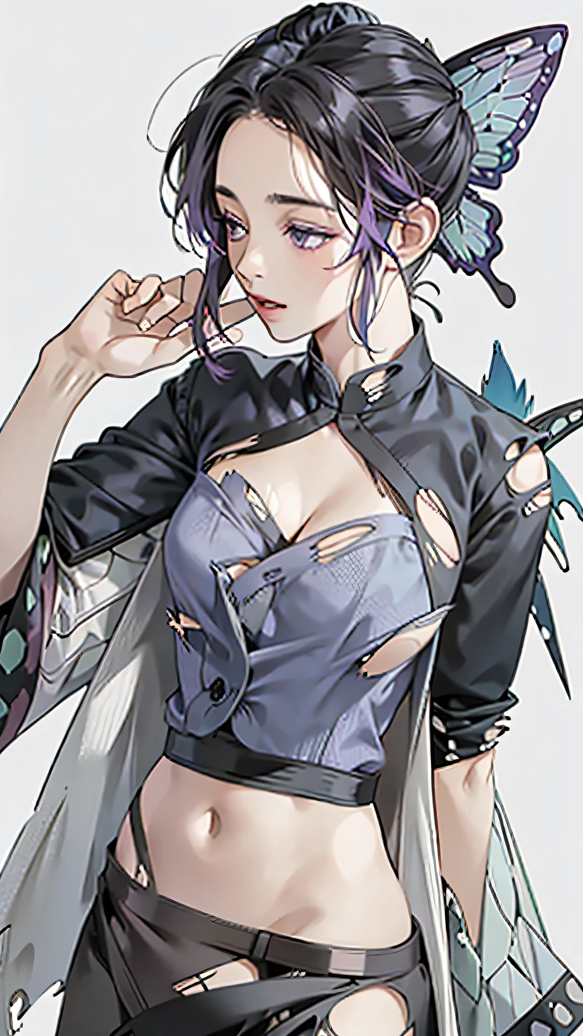 Realistic, High resolution, Soft Light,1 female, alone, Hip Up, (Detailed face), we \(one piece\), tattoo, jewelry,kochou shinobu,Multicolored Hair,No bangs,Hair intake,Purple eyes,amount,Black Shirt,Black trousers,Haori,butterfly,button,belt, knife, ((Torn clothing:1.5)), ((Close your eyes and yawn loudly)), ((Voluptuous body)),