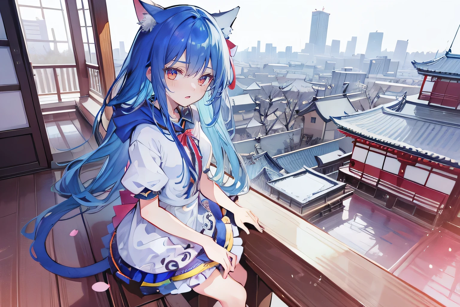 （masterpiece：1.2），Super detailed，lifelike，Expressive eyes，fair skin，perfect face shape，1 girl，
Japanese comics,Gorgeous blue hair,flowing blue hair,flowing clothes,Cat ears,Petals fall,beautiful lola,Baby Angel,
Cross your legs，Gentle and peaceful background，The pavilion is cool and comfortable,smile, wearing hoodie, background of tokyo,back views,snowing, winter.