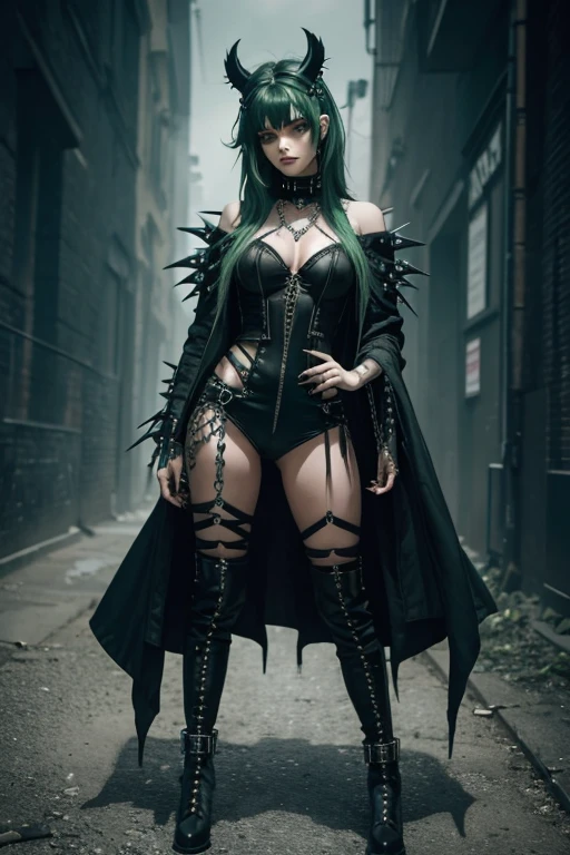 Gothic woman, soft beauty, dark makeup, piercings, full body, toxic green hair, spiked goggles on head,messy hair, messy bangs, piercing gaze, foot on skull, large spiked boots, chains, shooting at enemy